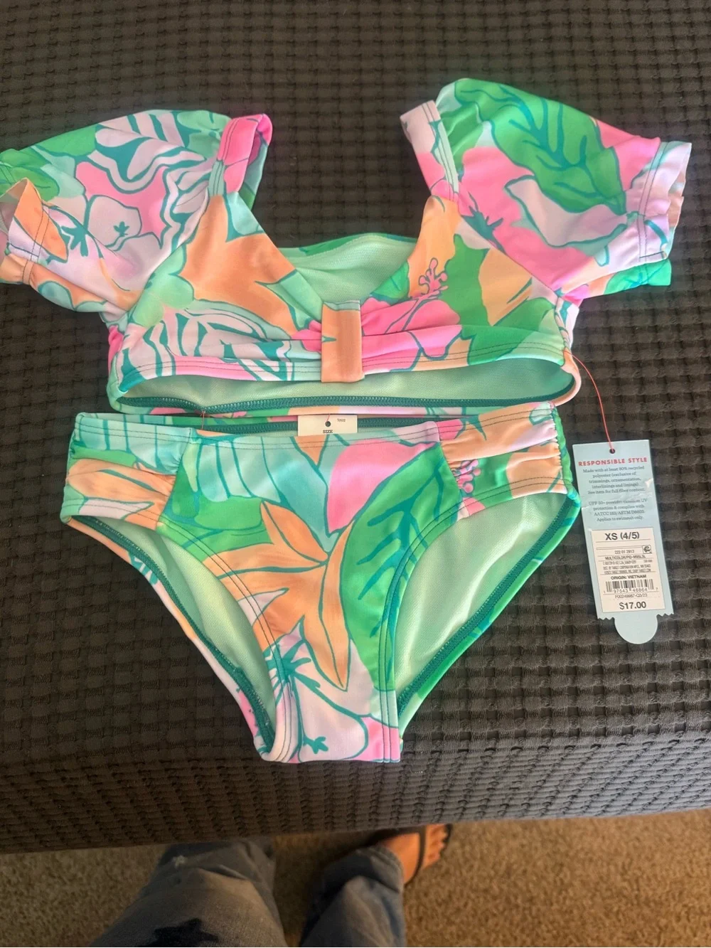 Kids Floral Ruffle Bikini Set - Green Pink Tropical Print
